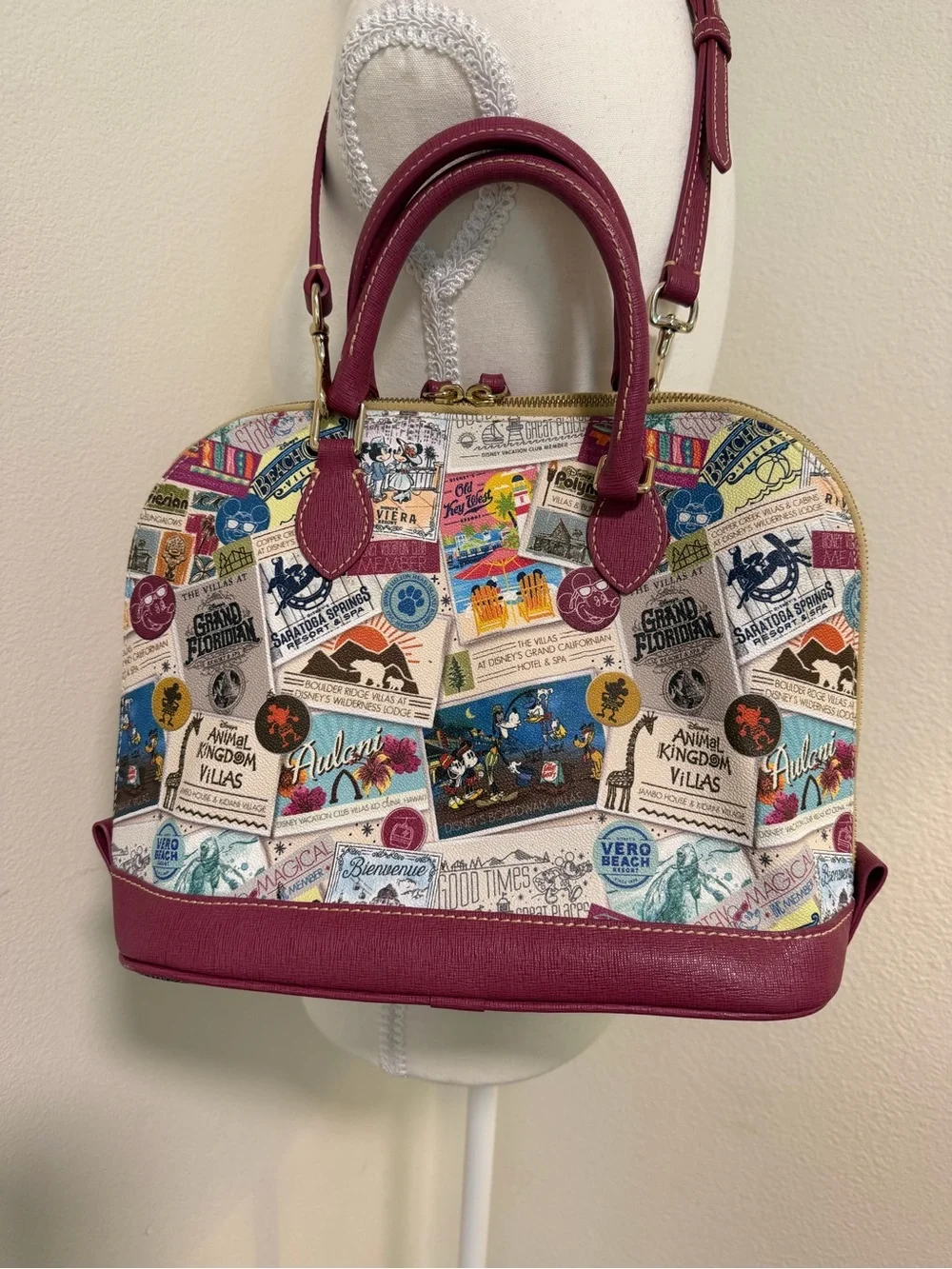 Dooney & Bourke Multicolor Disney Vacation Club Dome Satchel Burgundy Trim Purse